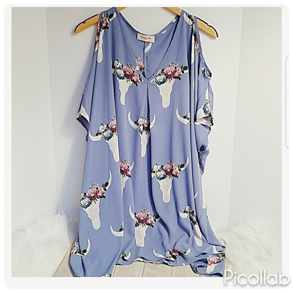 Baby Blue Floral Bull Head Cold Shoulder top - Picture 3 of 5
